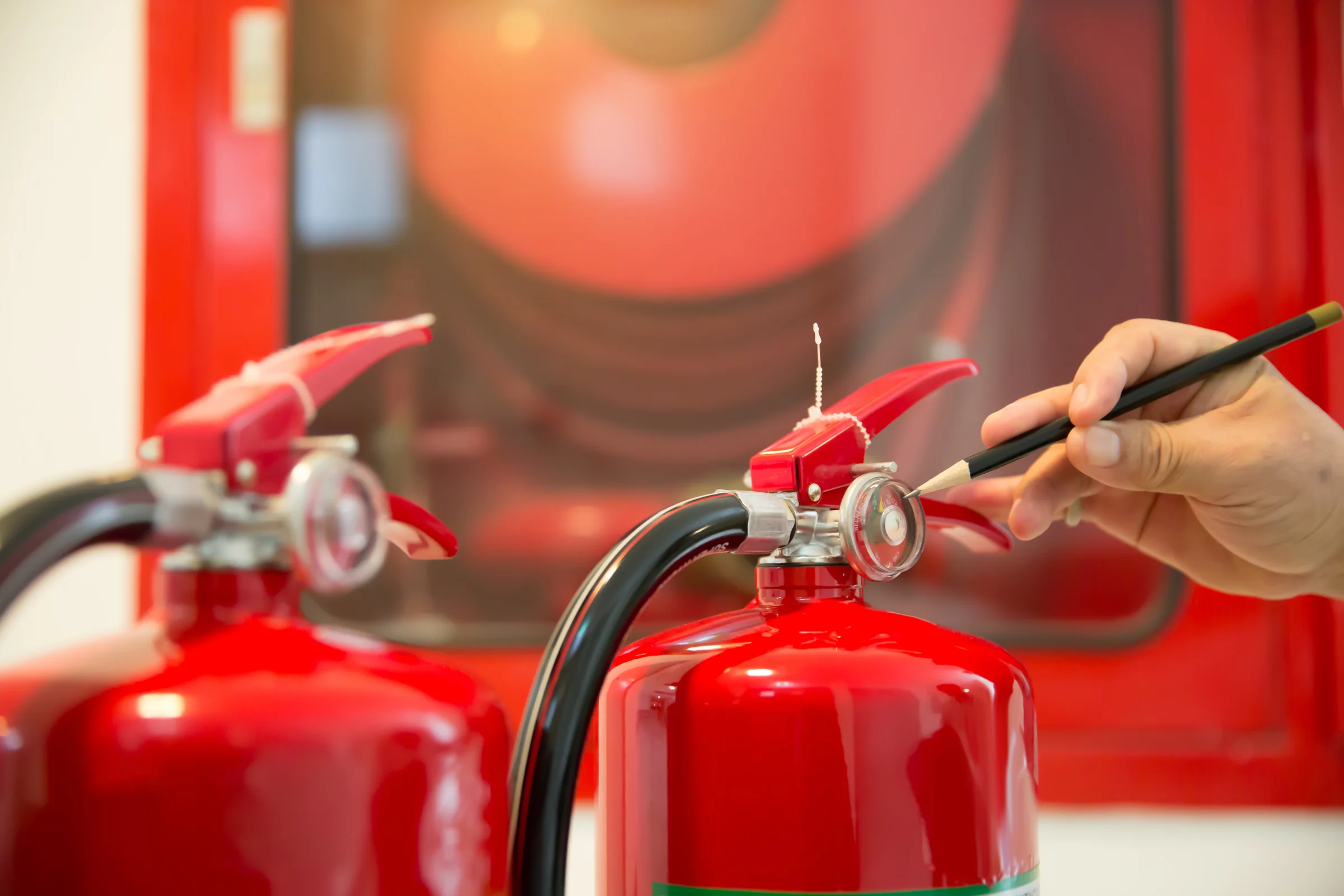 Technicien contrôlant au crayon le manomètre d’un extincteur, devant un robinet d’incendie armé